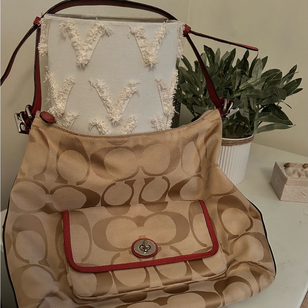 Coach Tan and Red Signature Shoulder Bag